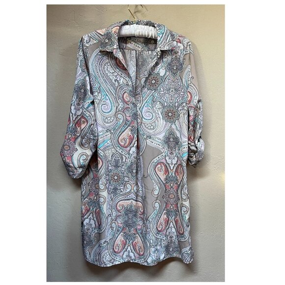 Joan Vass Studio Womens Size Large Paisley Print Roll-Tab Sleeve Tunic Shirt Top - Picture 1 of 9